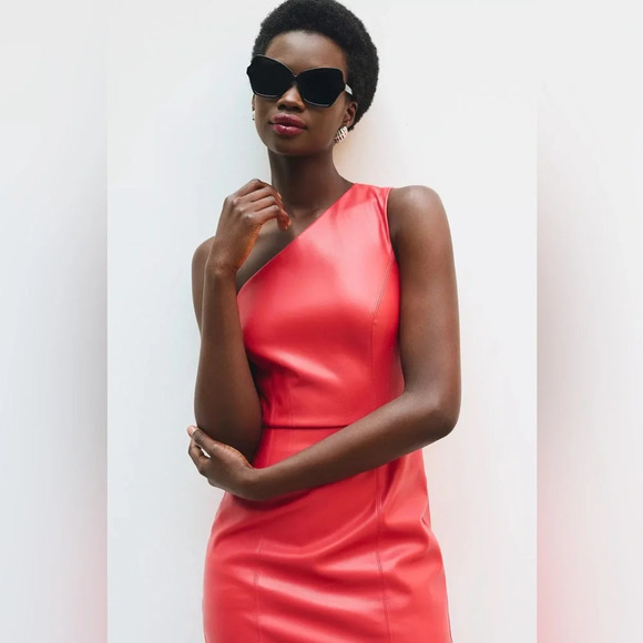 Anthropology Hutch One-Shoulder High-Slit Faux Leather Midi Dress Red - Picture 2 of 4